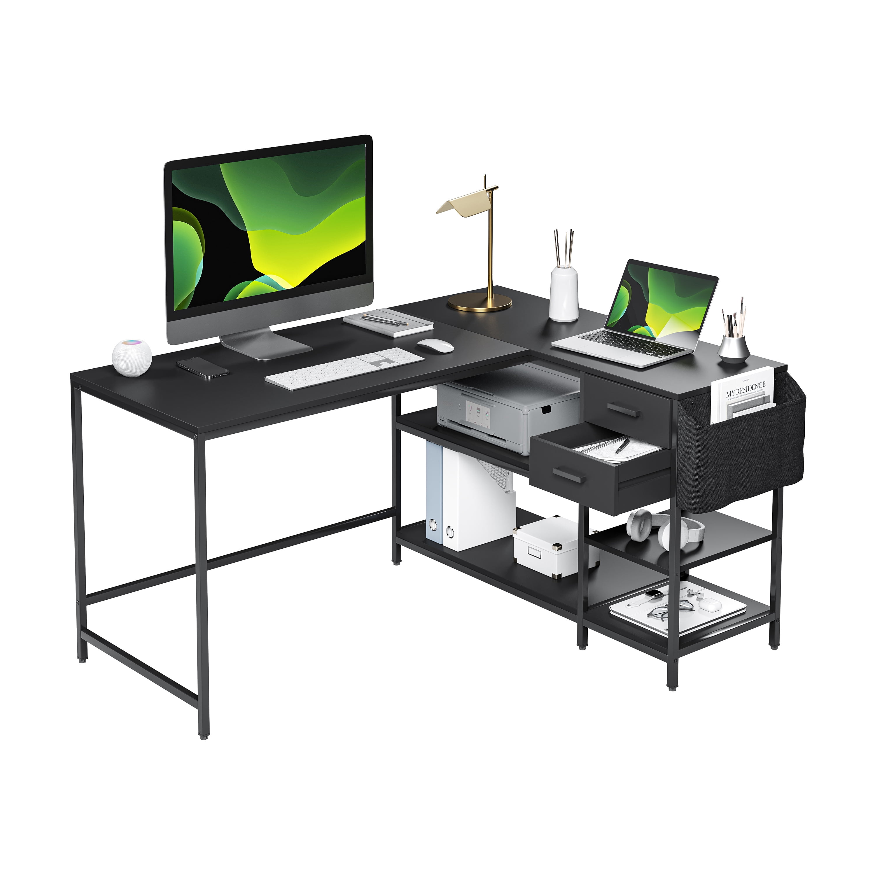 Modern L-Shaped Desk with Storage, Corner Computer Desk for Home & Office with, 2 Drawers, Open Storage Shelves, Fabric Organizer & Sturdy Metal Frame, Black
