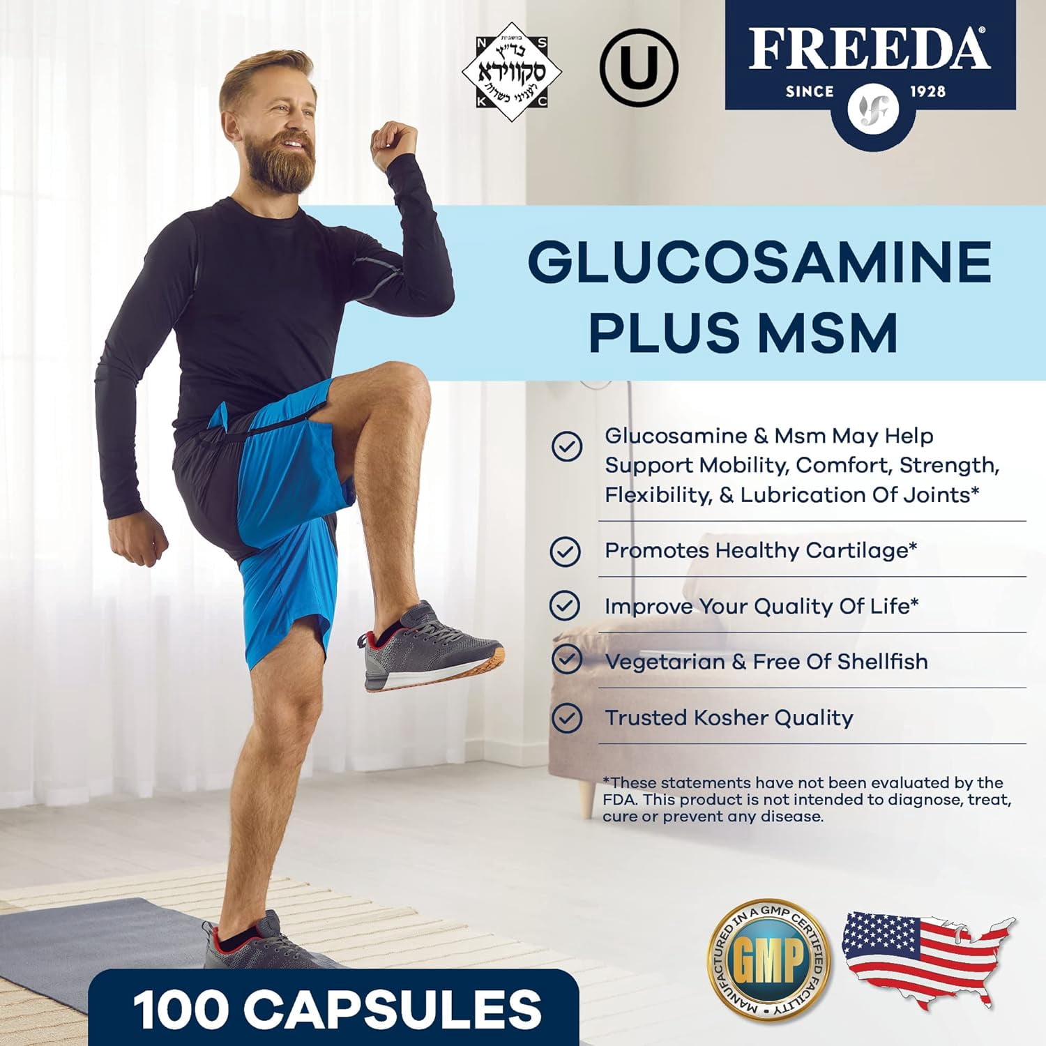 Freeda Glucosamine with MSM | Joint Mobility & Flexibility Support | Shellfish-Free, Vegan, Kosher, Gluten Free | 100 Capsules