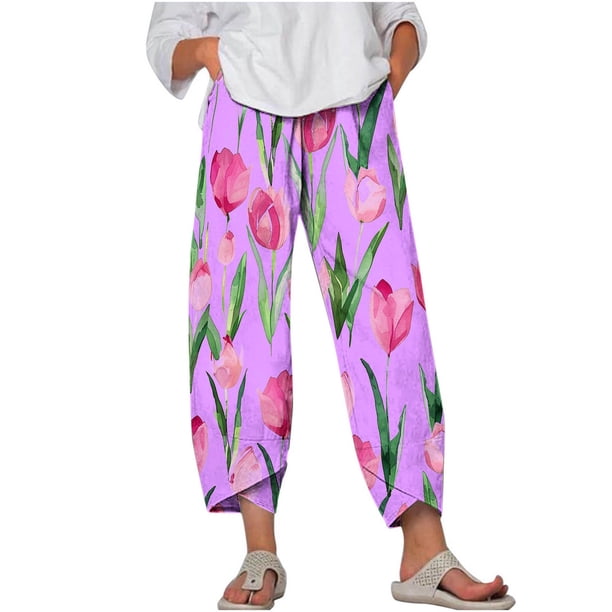 Pantalones de Mujer Traje Verano Cómodo de Moda Impreso Pantalones Recortados, Pantalones Elásticos Casuales