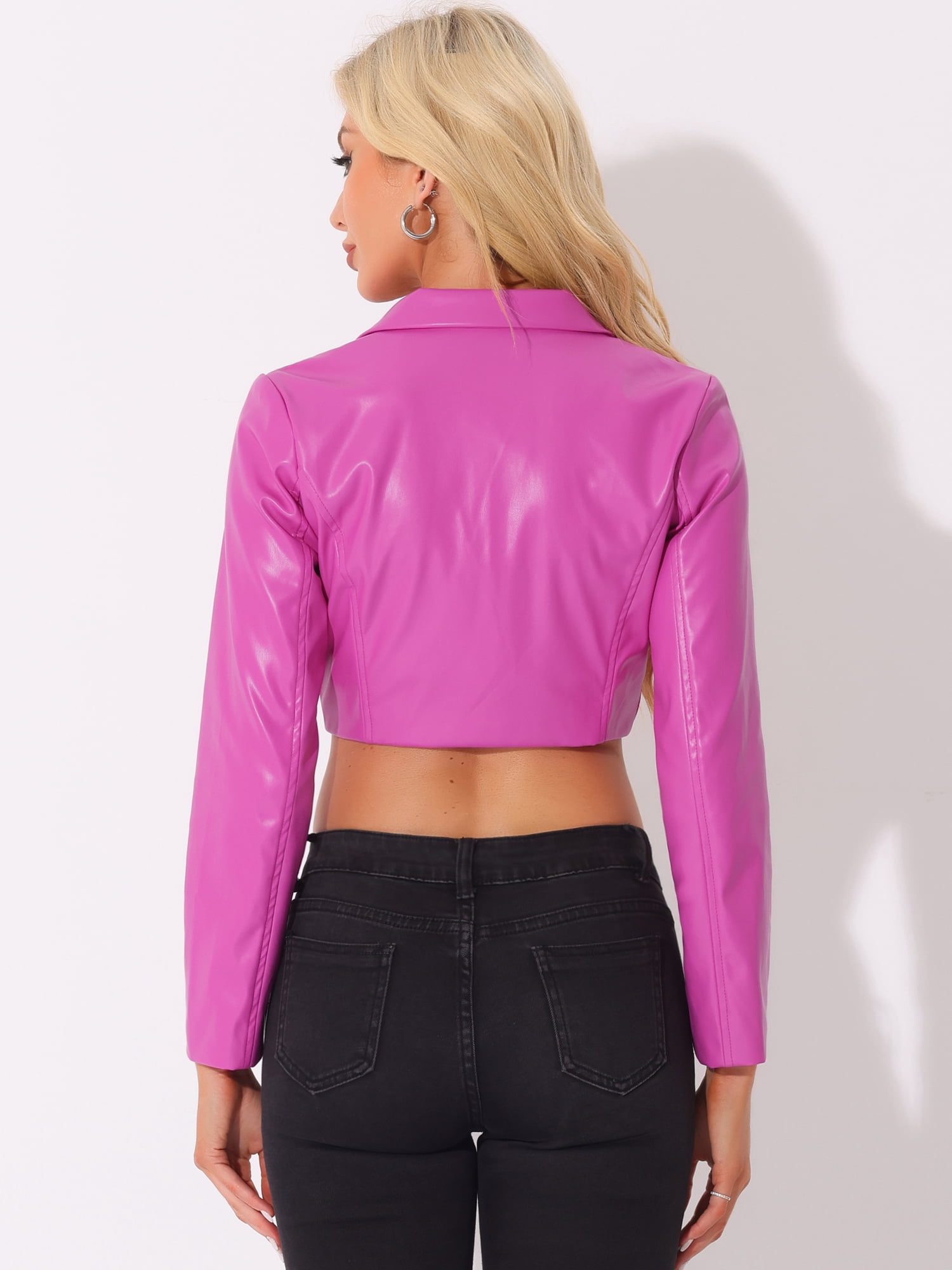 DARING DIVA Women's Notched Lapel Collar Single Breasted Moto PU Jacket XL Hot Pink