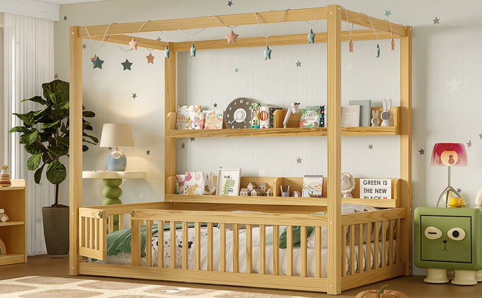 Mintazer Twin Floor Canopy Bed with 4 Shelves & Guardrails, Wood Montessori Floor Bed Frame for Kids, Boys, Girls, No Spring Box Needed, Natural