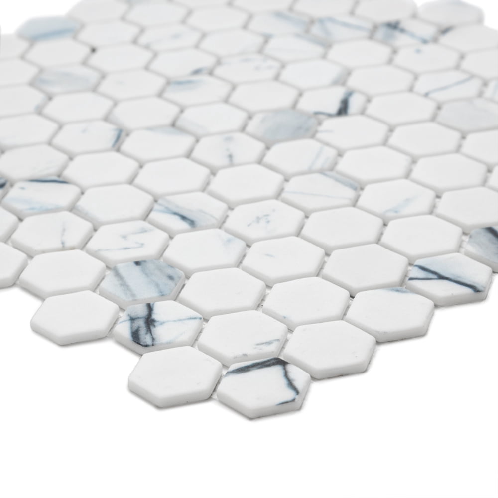 The Tile Life Eterna Hex 4" x 4" Hexagon Calacatta Blue Matte Glass Mosaic Tile Sample 1 Piece