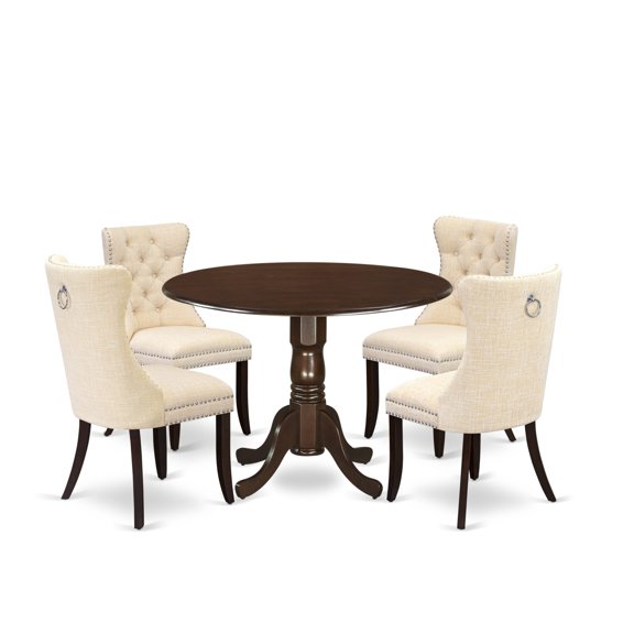 East West Furniture 5 Piece Kitchen Table Set Contains a Round Dining Table with Dropleaf