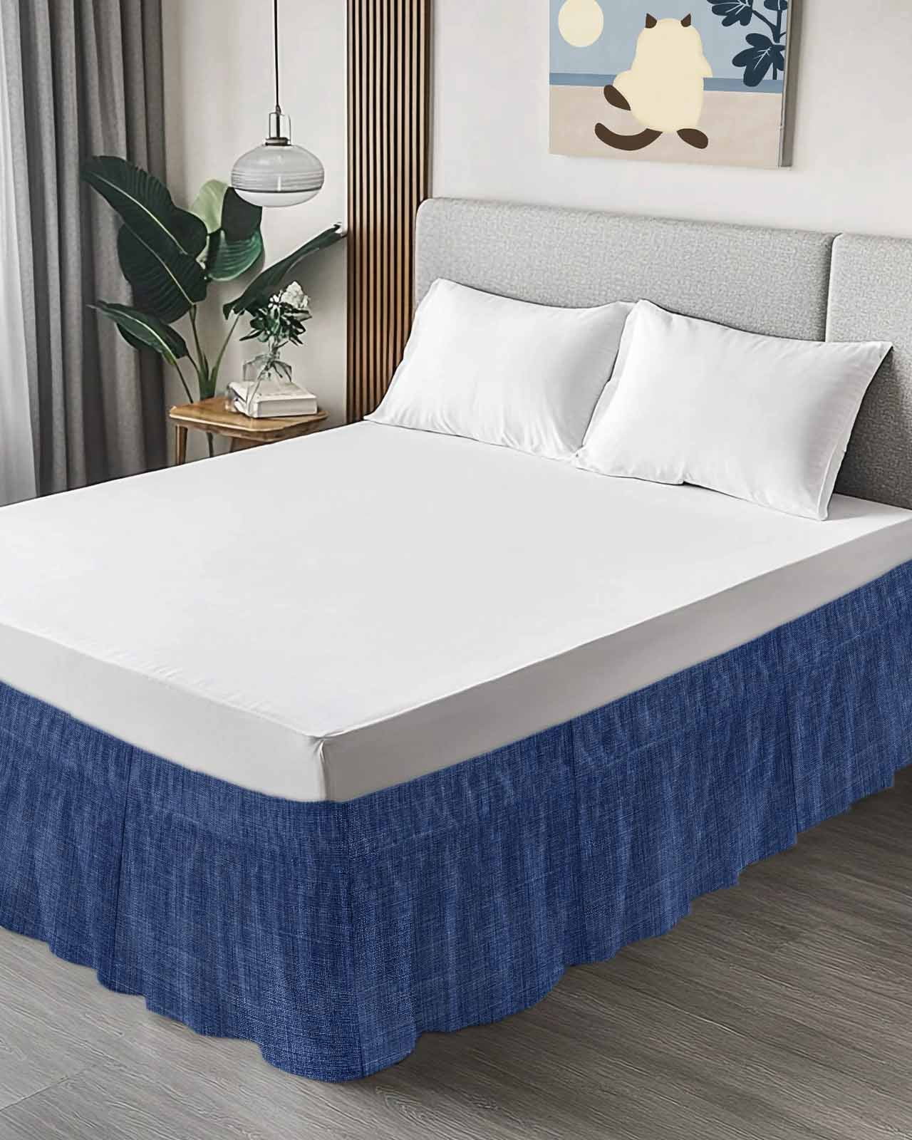 Navy Blue Linen Bed Skirt Queen Size 16 Inch Drop, Farmhouse Pure Color Country Vintage Adjustable Elastic Dust Ruffles Bedskirt for Queen Bed Wrap Around Pleated Mattress Frame Cover
