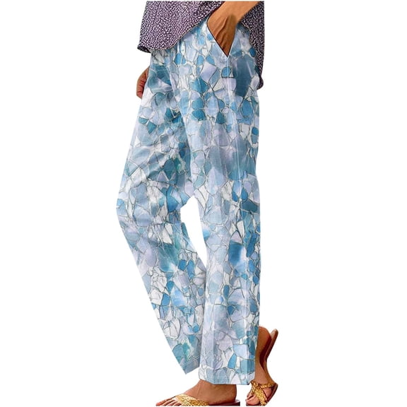 Karymi Womens Summer Pants Casual Straight-Leg Print Long Ankle Length Long Pants Cotton Linen Fabric Skin-Friendly Breathable Loose Women Trousers with Pockets
