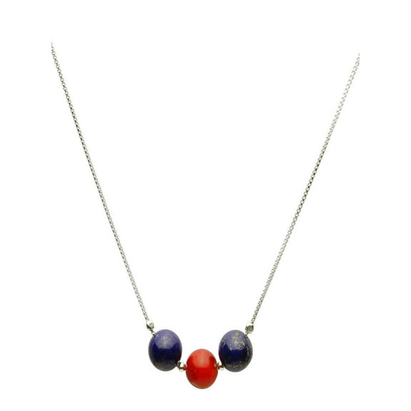 Sterling Silver Box Chain 3 Round 8mm Blue Lapis Red Bamboo Coral Necklace Adjustable 16" 2"