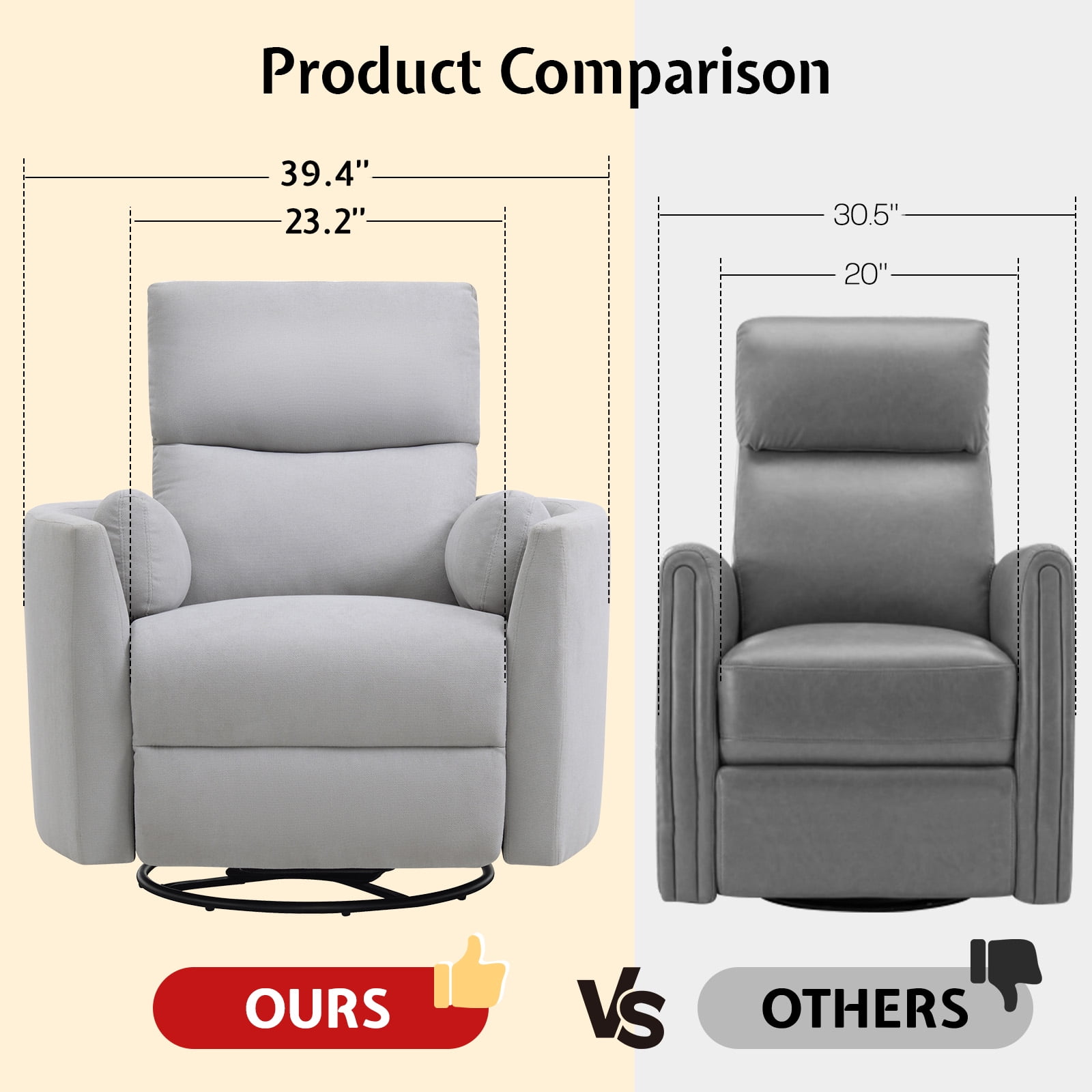 Merluxy Power Swivel Recliner Chair with USB Charging & 2 Pillows, Glider Rocker for Nursery and Living Room, Grey Fabric