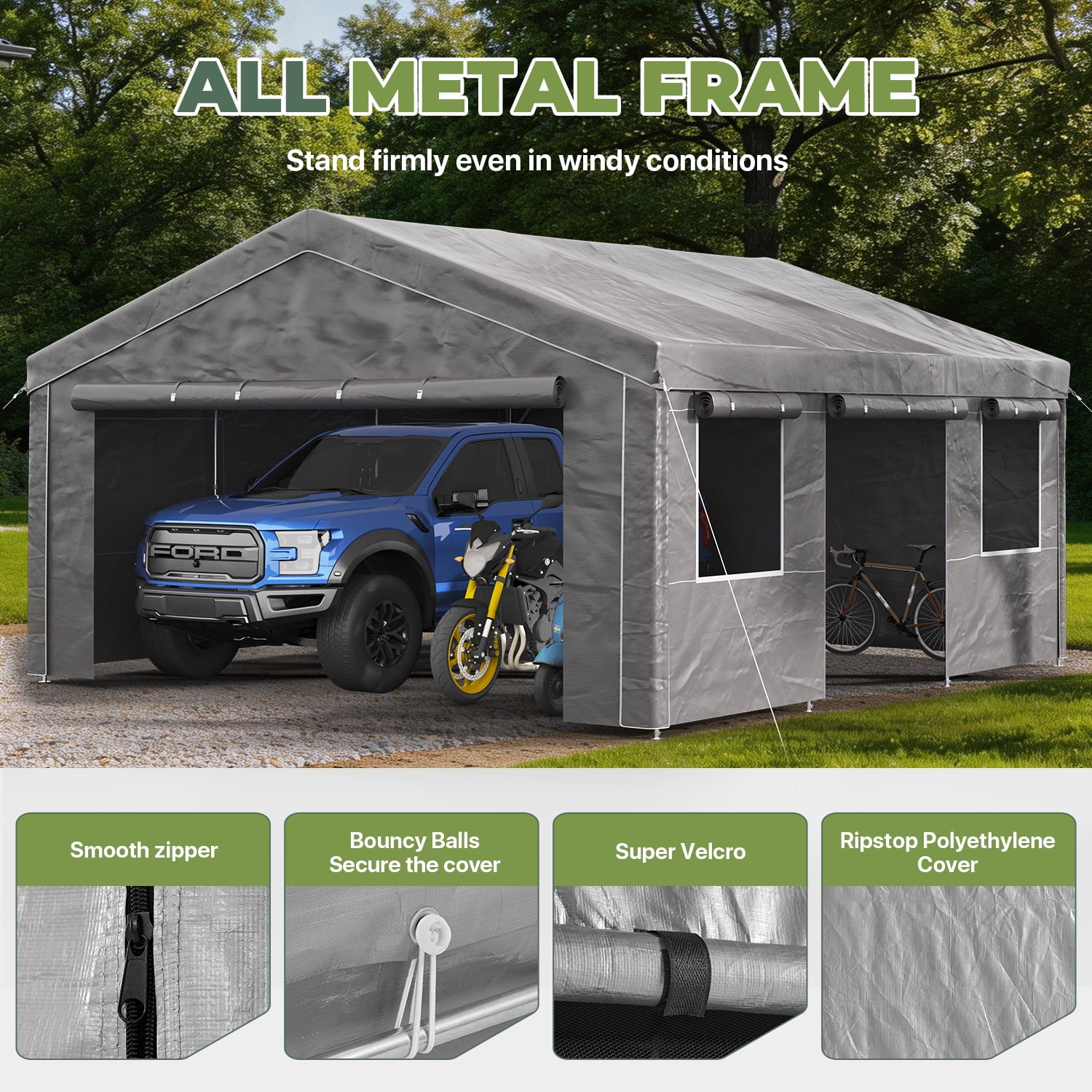 BaPiPro 20x20FT Grey Gable Top Carport, Multifunctional Outdoor Storage Shelter with All-Weather Metal Frame for Patio Vehicle Parking & Outdoor Gear Storage