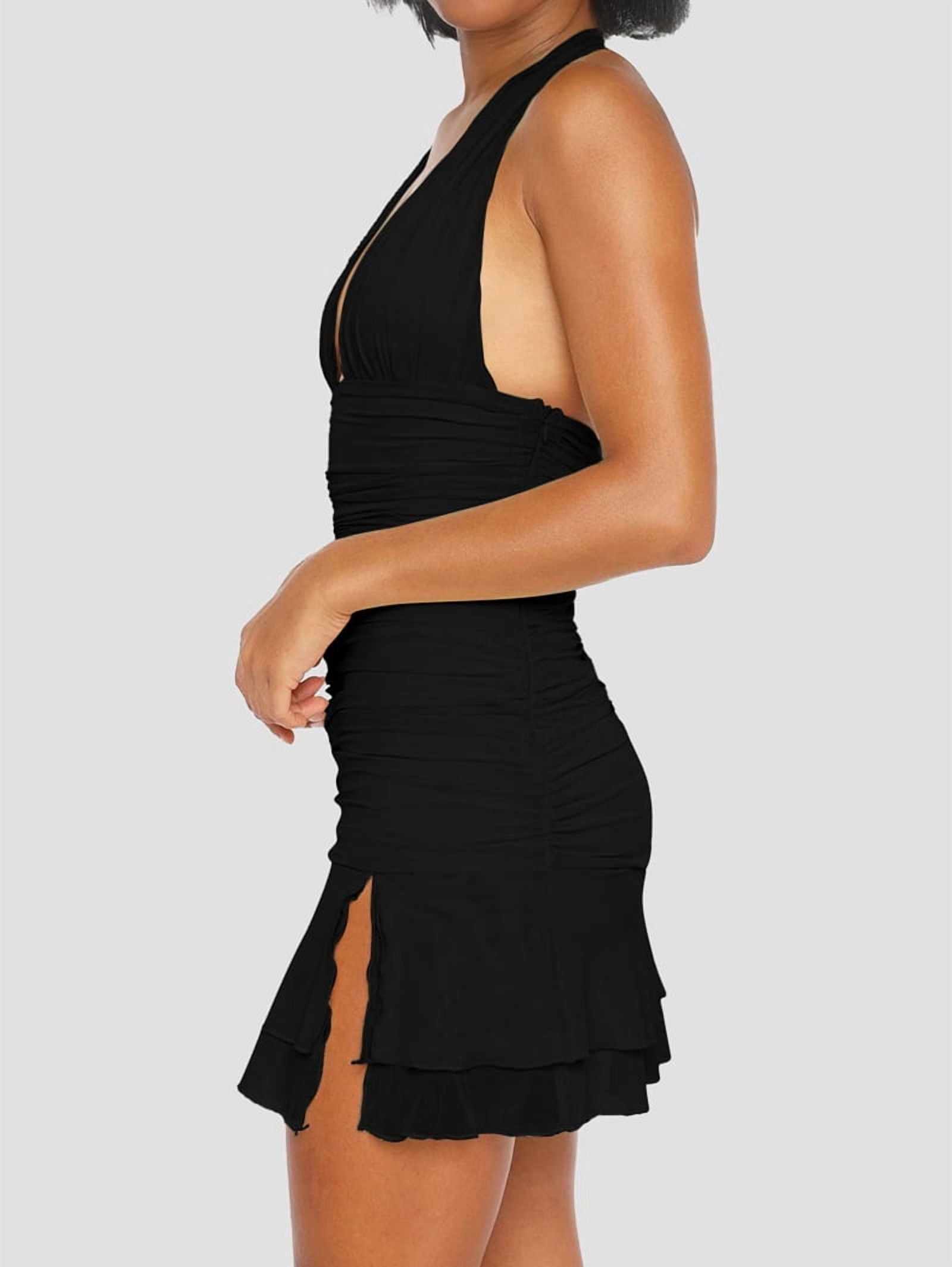Women'S Backless Deep V Neck Ruched Bodycon Dress Summer Side Slit Mesh Hem Club Party Short Mini Dress