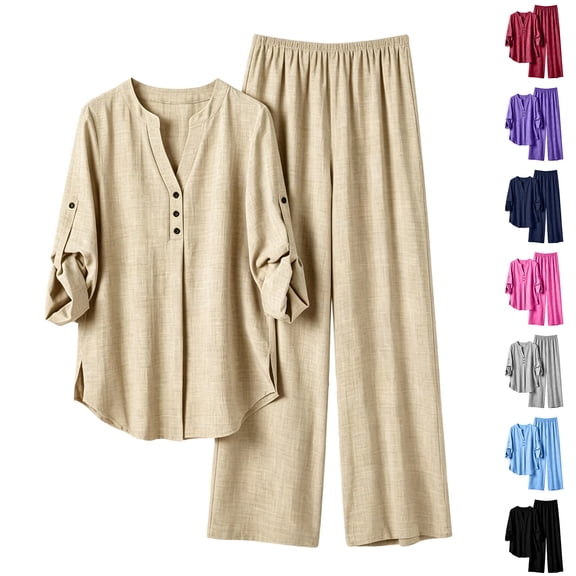 Ashirexll Womens 2 Piece Outfits Fashion Linen Blend Long Sleeve Top with Matching Pants Pocket Casual Set