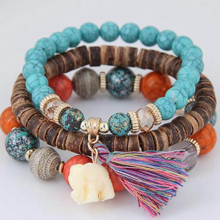 Beaded Elephant - Fancyleo Women 3 Layers Wood Beads Bracelets Boho Small Elephant Bracelets Set Pretty