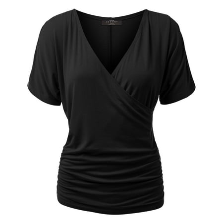 - Womens V Neck Short Sleeve Wrap Front Drape Dolman Top