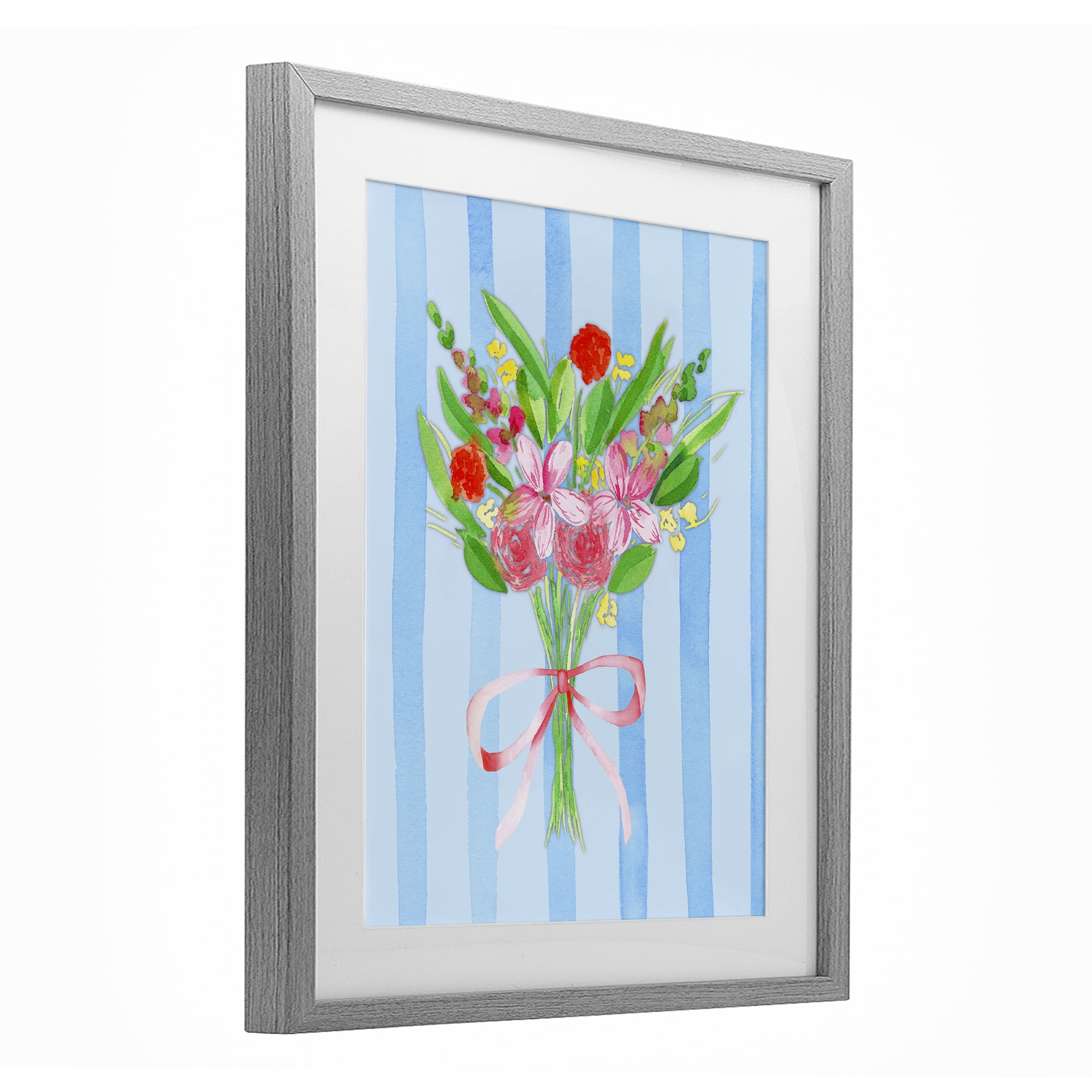 Bright Springy Bouquet Stripes Gray Framed Print Under Glass, design by Nina Jacobs