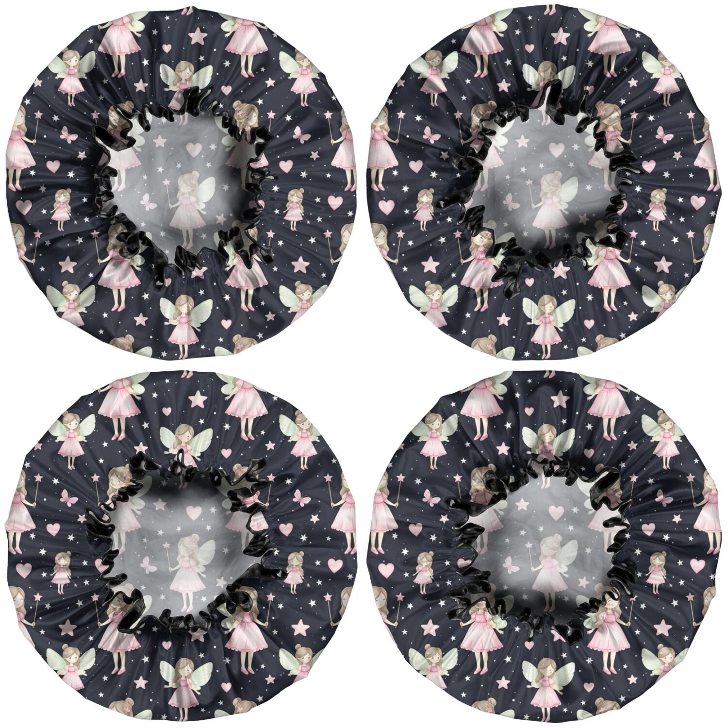Shower Caps,Black Fairy Star Pattern Waterproof Shower Cap for Women 4 Pieces,Double Reusable Hair Cover for Shower PEVA Elastic Stretch Hem