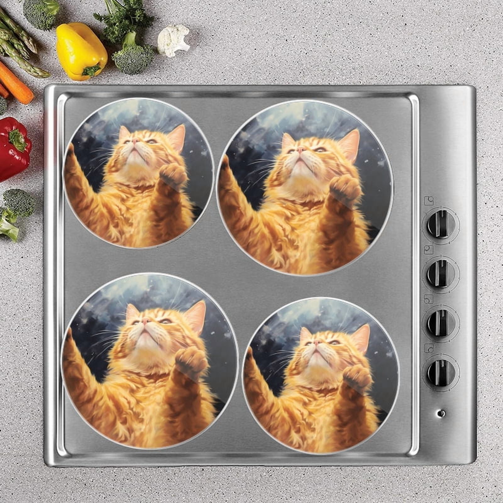 BaHomeck Electric Stove Burner Covers Set of 4,Round Metal Gas Stove Burner Covers 8 Inch and 10 Inch,Kitchen Decor,Happy Ginger Cat Reaching Up With Paws