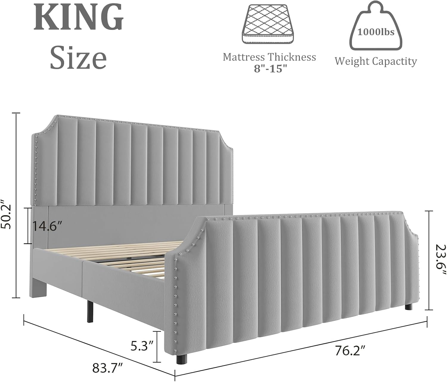 YUSAZENS King Size Velvet Bed Frame with 50.2" Tufted Headboard & Footboard, Nailhead Trim, No Box Spring Needed, Noise-Free, Grey