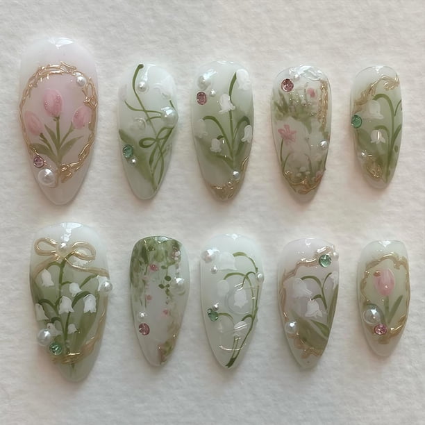 Kit de uñas postizas Press On Wuhetyo de 24 piezas con diseño floral 3D y perlas