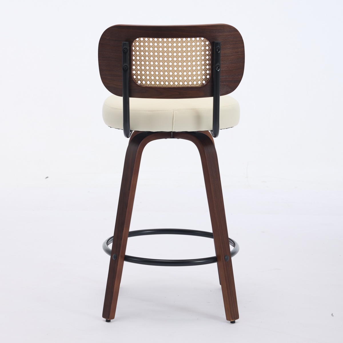 26 Inch Counter Height Swivel Bar Stools, Set of 3 Upholstered Faux Leather Bar Chairs with Walnut Back, Bentwood Legs, Mid Century Modern Island Stools for Kitchen Counter