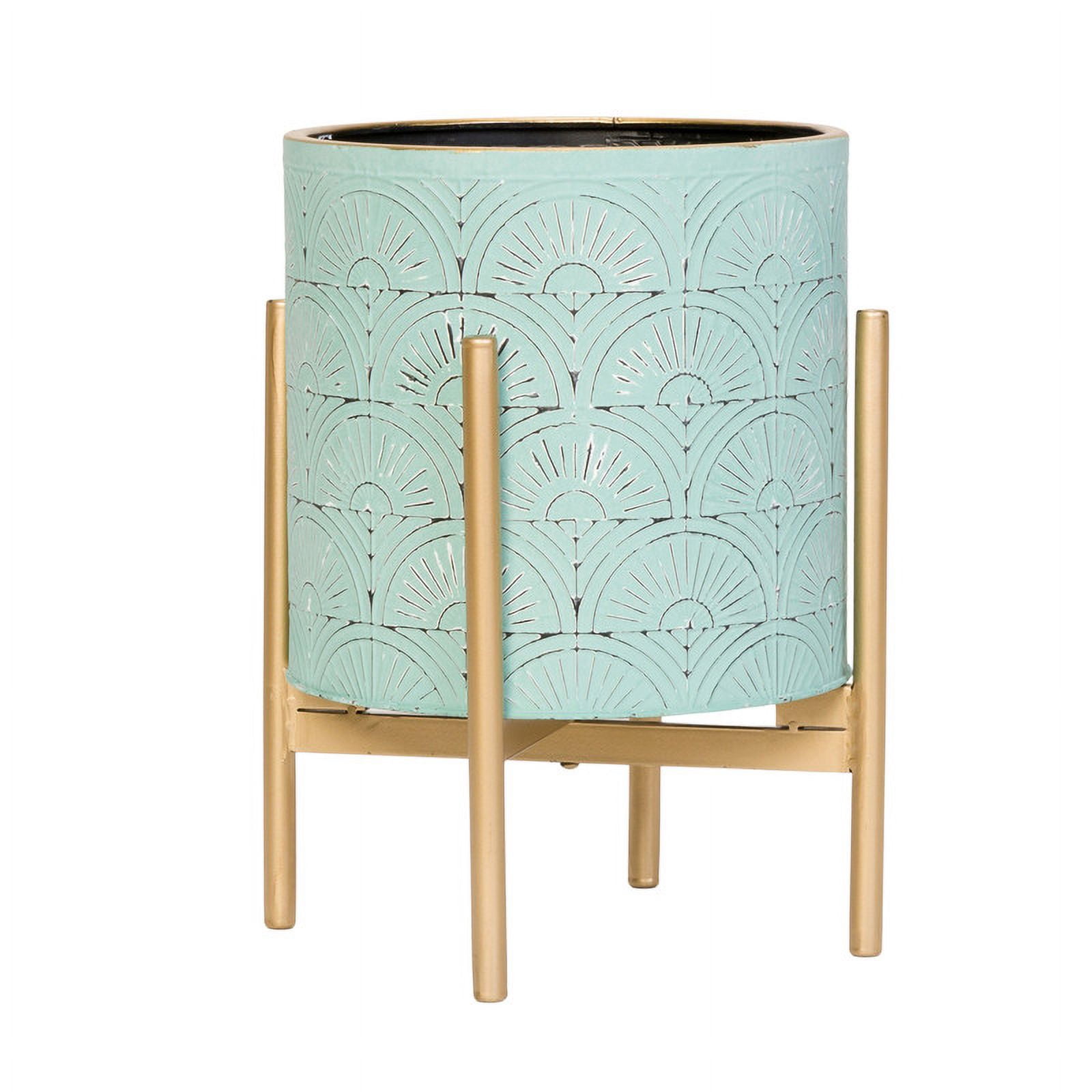 Boho Metal Planter Pot With 4-Leg Gold Metal Base - Blue-Green - 14.75"H x 11.75"W