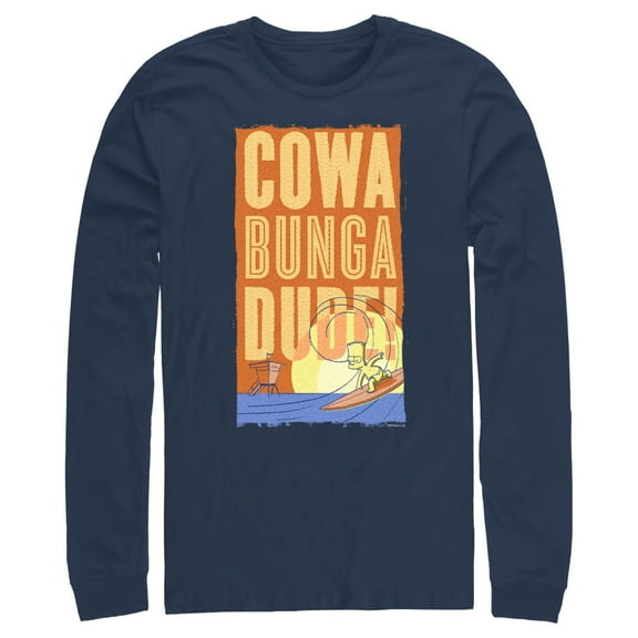 Men's The Simpsons Cowa Bunga Dude! Surfing Bart  Long Sleeve Shirt Navy Blue Large