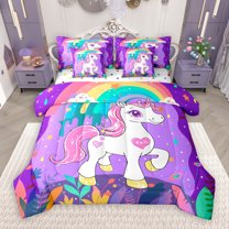 Manfei Cute Colorful Unicorn 7-Piece Bedding Comforter Set,Cartoon Animal King Bedding Sets,Graffiti Rainbow Bed Sheets For Girl Kids,Luxury Bedroom Decor Reversible
