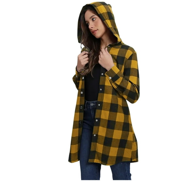 Long Plaid Hoodies for Women Button Down Flannel Shirts Mid-length Hooded Jackets with Pockets Long Sleeve Blouses (XL, Yellow)