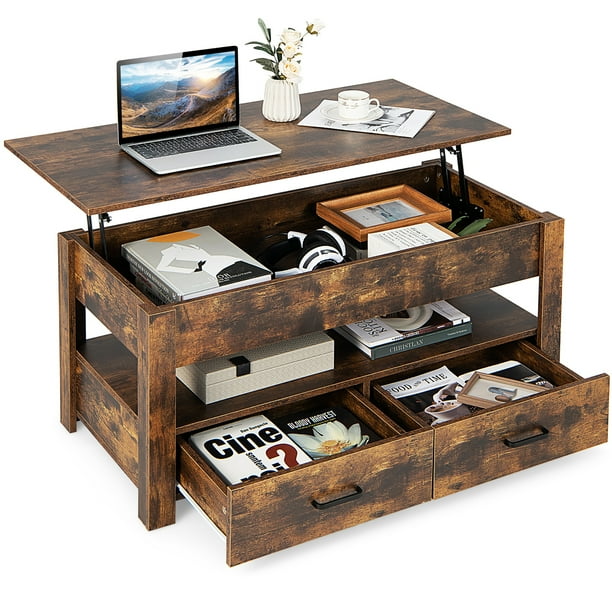 Costway Lift Top Coffee Table with 2 Storage Drawers &Hidden