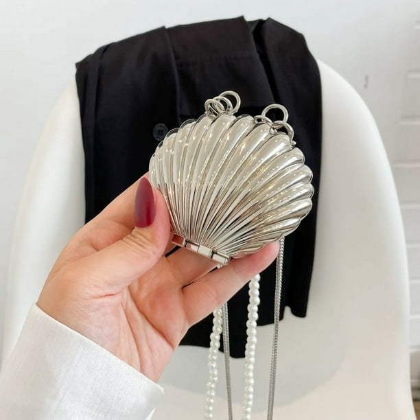 Bolso pequeño de concha para mujer, con cadena de perlas, accesorio para el hombro, bolso cruzado de metal