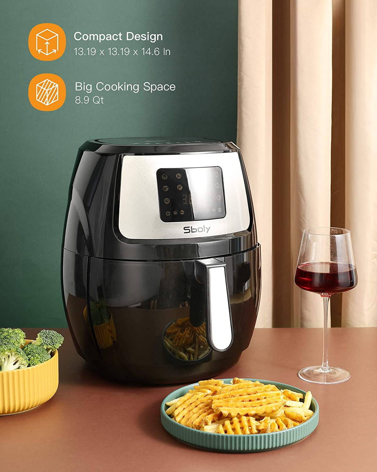 Sboly 8 in 1 Air Fryer 8.9 Qt with LCD Digital Touch Screen including Cooking Tongs and Recipe Book Airfryer with Water based Non stick Coating