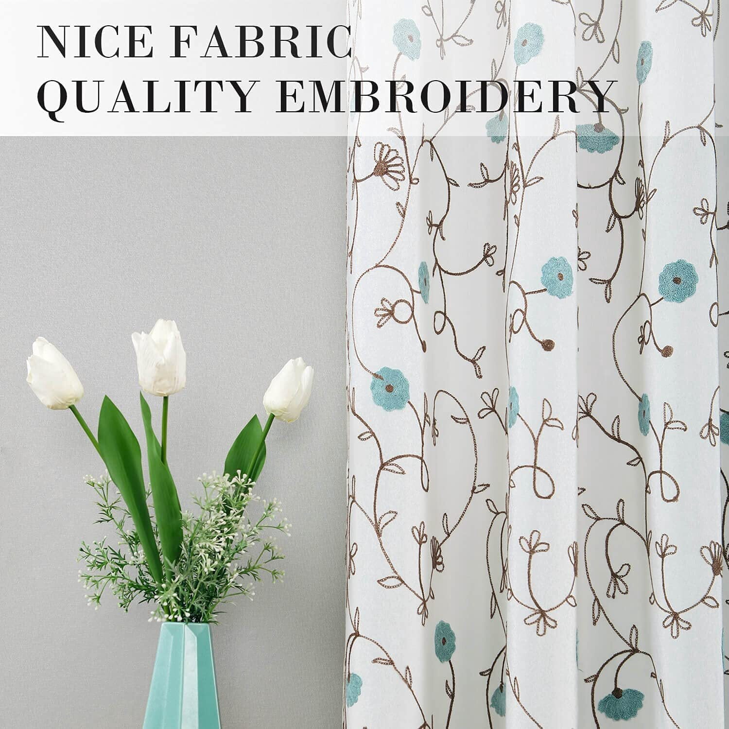 VOGOL Blue Floral Pattern Embroidered Curtains, Light Filtering Elegant Faux Linen Drapes for Bedroom, Grommet, W52"xL96", 2 Panels