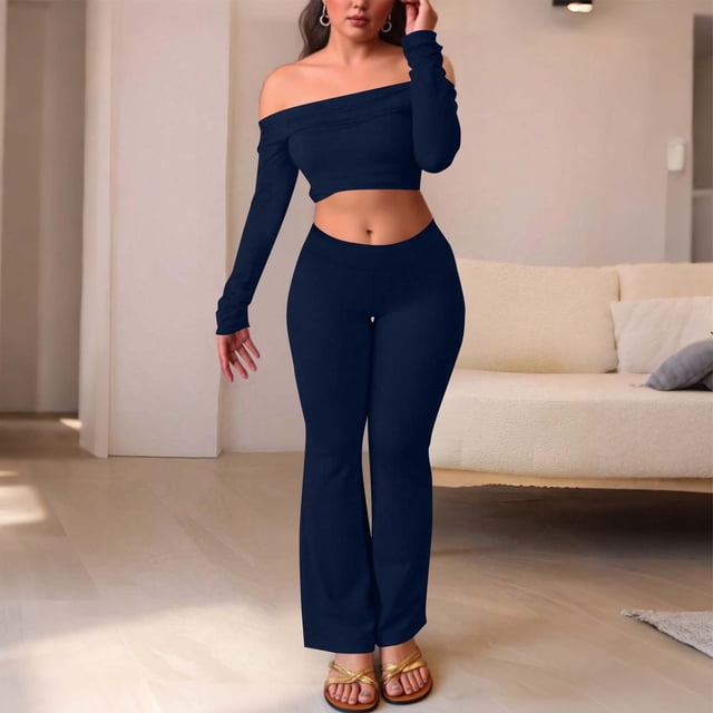 Soki 2 Piece Lounge Set for Women Fall Long Sleeve Outfits Off Shoulder Tops Wide Leg Pants Pockets Casual Tracksuits Sets
