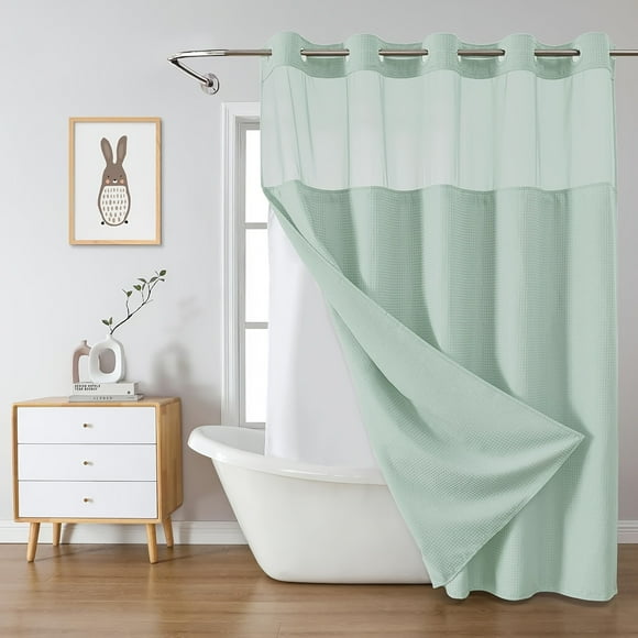 EIMELI One Light Blue Hookless Waffle Shower Curtain with Snap-On Liner Change 230GSM High Quality Fabric Hotel Bathroom Shower Curtain Set with Mesh Top Window Multiple Sizes for Diffe