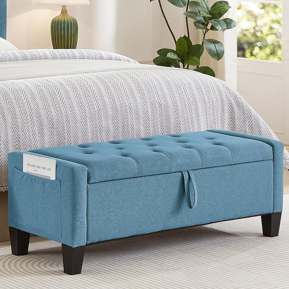 Linen Storage Ottoman Bench for Bedroom, 45" Long Bed End Ottoman Benches with Storage, Button Tufted Bench with Storage and Seating for Living Room, Entryway, Window, Light Blue