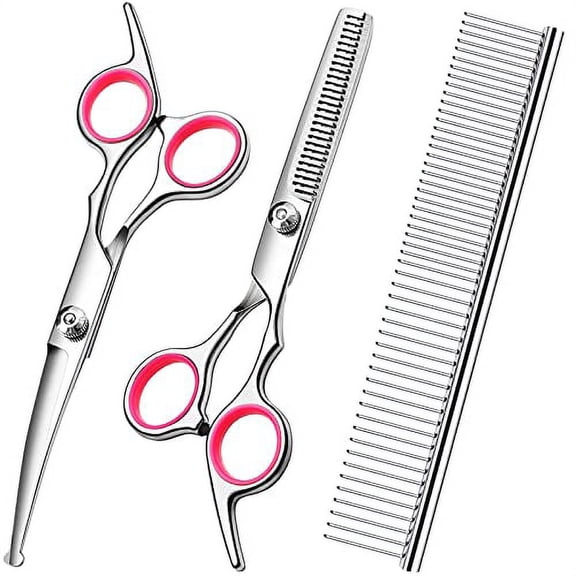 Dog Grooming Scissors with Safety Round Tips Stainless Steel Professional Dog Grooming Kit - Thinning,Curved Scissors and Comb for Cat Pet (Pink 4 in 1)