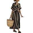 thumbnail image 2 of Ailaofu Robe Maxi à Rayures pour Femmes, Col en V, Manches Courtes, Taille Portefeuille, Évasée, Longueur Cheville, 2 of 7