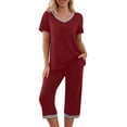 thumbnail image 2 of Women's V-Neck Pajama Set, Short Sleeve Top & Long Pants, Spring Summer Casual Sleepwear & Lounge Suit Wine S, 2 of 7