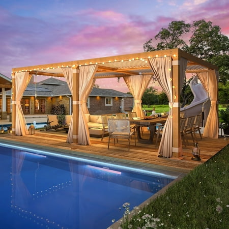 Erommy Outdoor Louvered Pergola with Adjustable Aluminum Rainproof Roof and Pull-Down Screen 12' * 20' - Wood