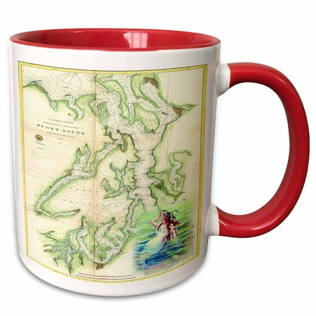 

3dRose Print of Vintage Nautical Puget Sound Map - Two Tone Red Mug 11-ounce