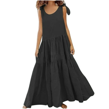 

YanHoo Women s Plus Size Dresses Strappy Round Neck Sleeveless Maxi Dress Loose Summer Flowy Dress