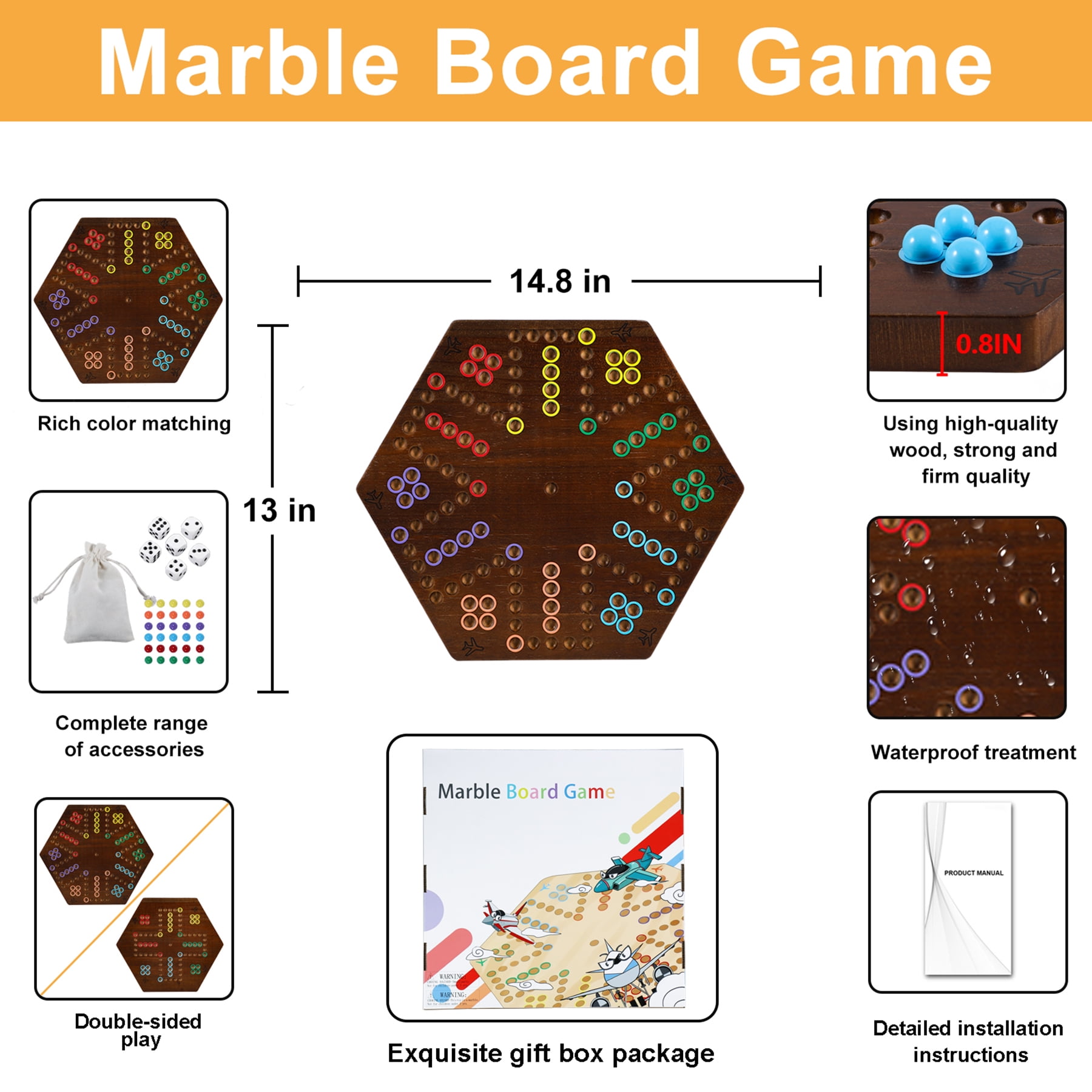 Wahoo Marble Fast Track Board Game, Rustic Brown, Thicken Wood, 4 and 6 Players, 2 Sided, 14.8 x 13 x 0.8 Inches