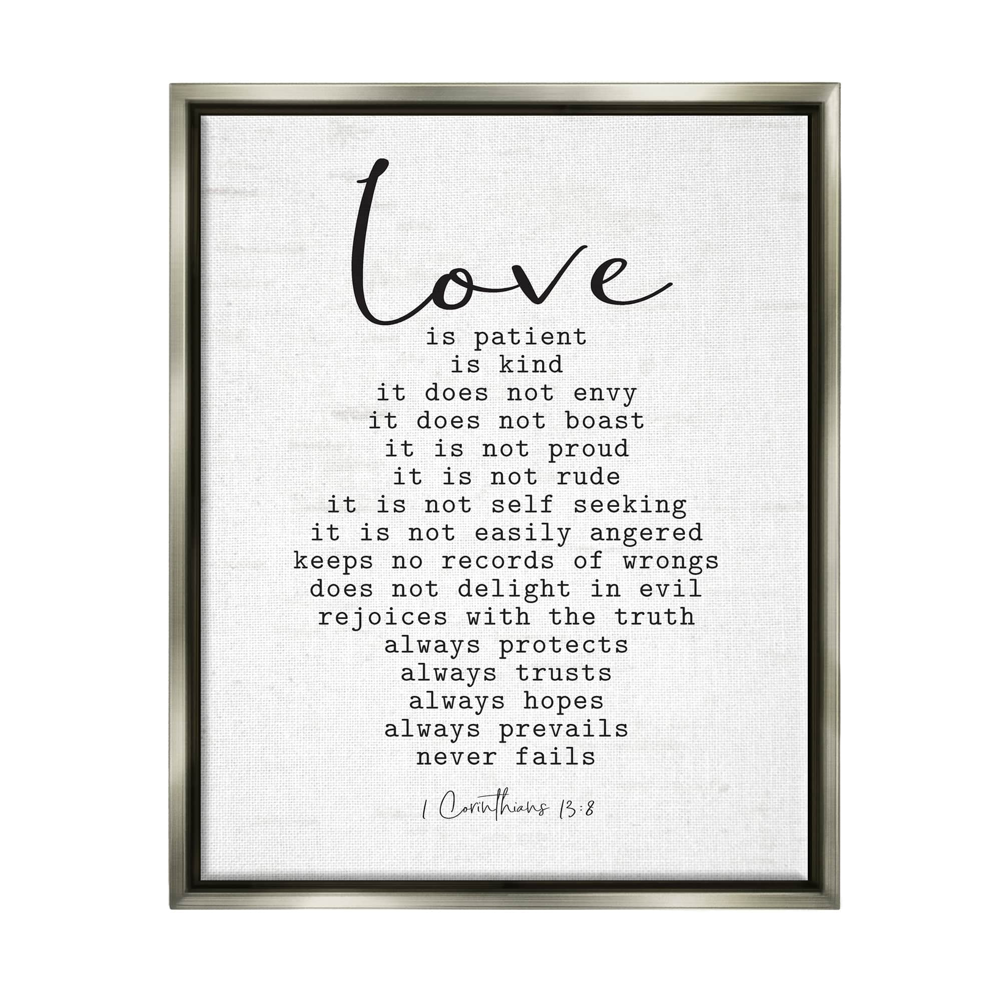 Stupell Industries Love Is... Spiritual Scripture Inspirational Religious Sentiment Graphic Art Luster Gray Floating Framed Canvas Print Wall Art, Design by Lettered and Lined