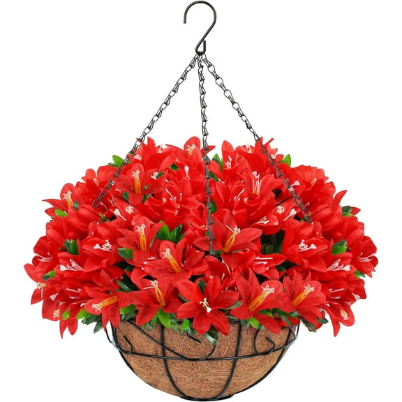 Artificial Faux Flowers Plants Hanging Basket for Outdoors Spring Decor, Fake Hanging Flower UV Resisitant Silk Begonia in Planter for Outside Porch Patio Balcony