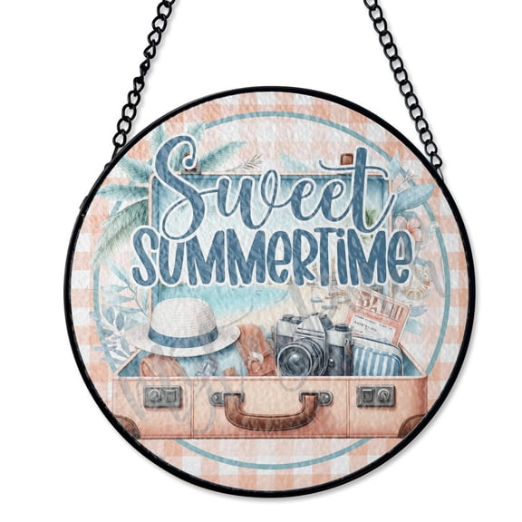 Beach House Summer Welcome Stained Glass Suncatcher UV Printed Glass, Coastal Vacation Decor, Round