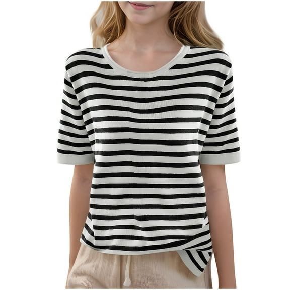 Hduncf Kids Girl Stripe Shirt Cotton Short Sleeve Round Neck Top Boys Girls Casual Summer Tees Shirts 6Years-15Years Black XXL