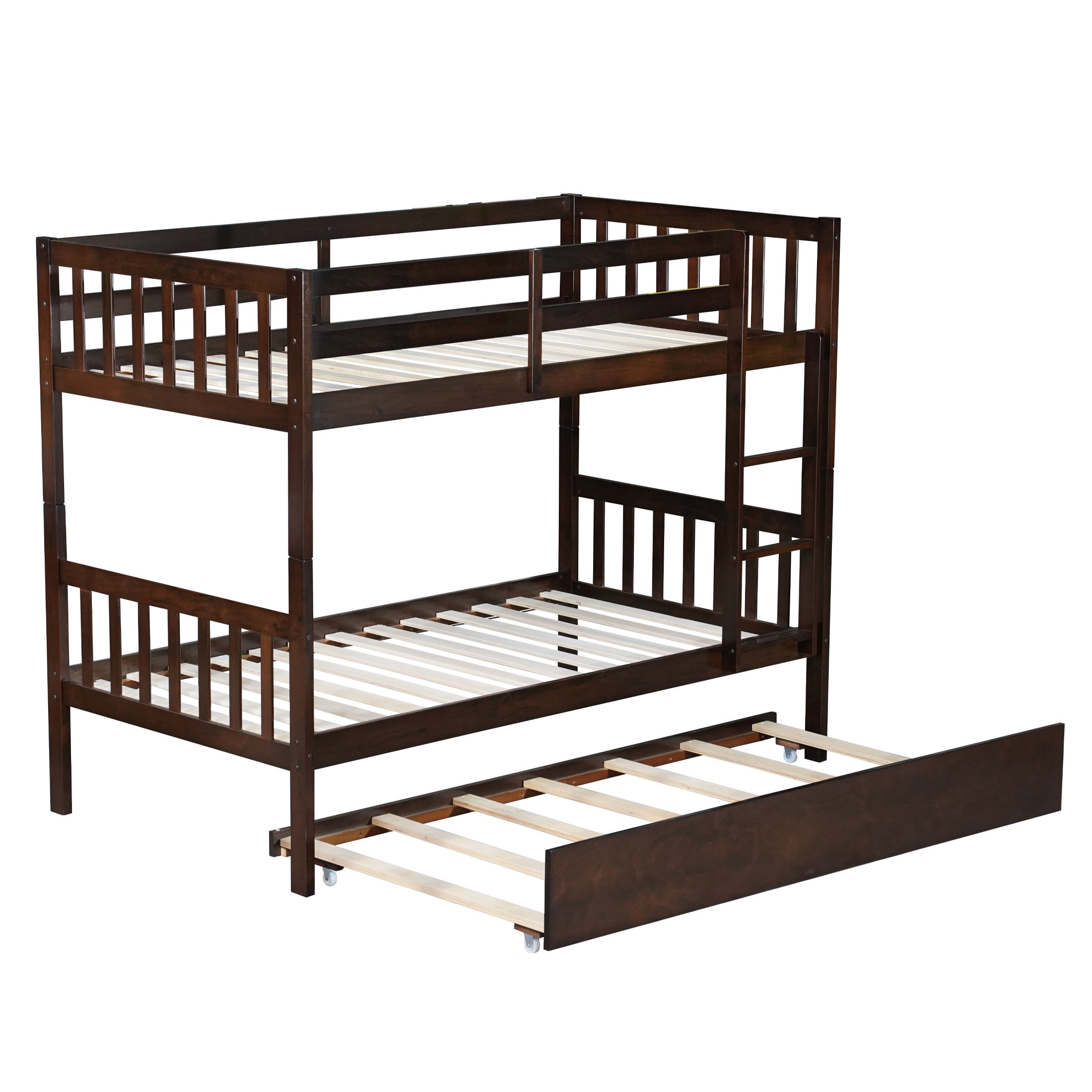 PORKISS Bunk Bed with Trundle, Twin Over Twin Bunk Bed Frame Can Convertible 2 Platform Bed, Wood Bunk Bed Built-in Ladder for Kids Teens Adults, Espresso