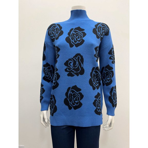 Ninety Women's pullover tunic long sleeve mock neck jacquard rose pattern Sweater with side slits