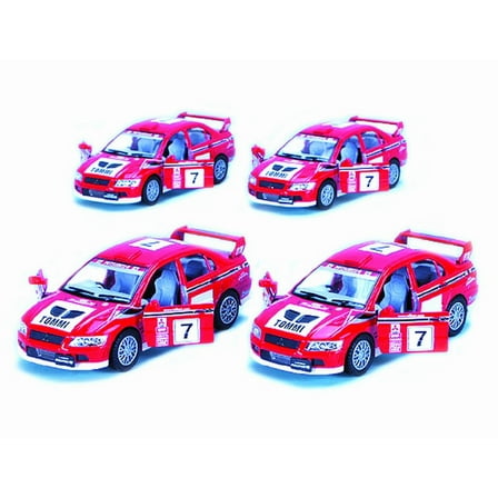 Box of 12 Mitsubishi Lancer w/Rally Decals, Red - Kinsmart 5048D - 5" Scale Diecast Model Cars