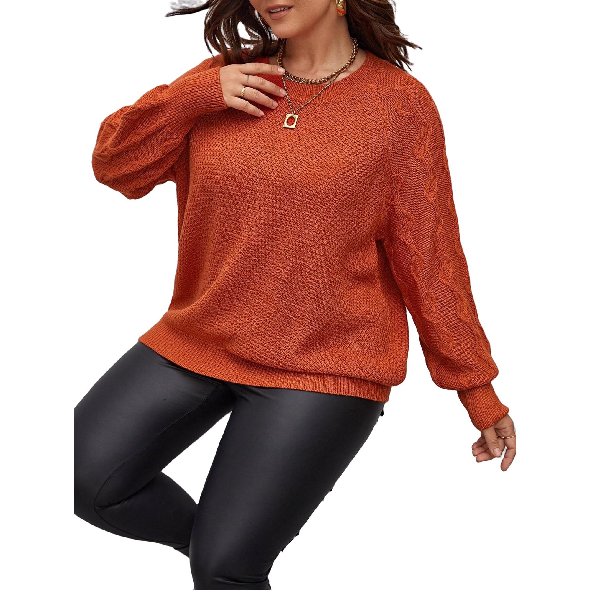 Casual Plain Round Neck Pullovers Long Sleeve Burnt Orange Plus Size  Sweaters (Women's Plus) - Walmart.com
