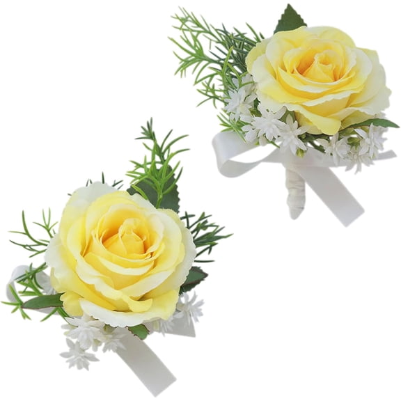 Corsage and Boutonniere Set, Handmade Artificial Peony Rose Wrist Corsage Wristlet and Groom Boutonniere for Men Wedding Prom Suit Decorations (Yellow)