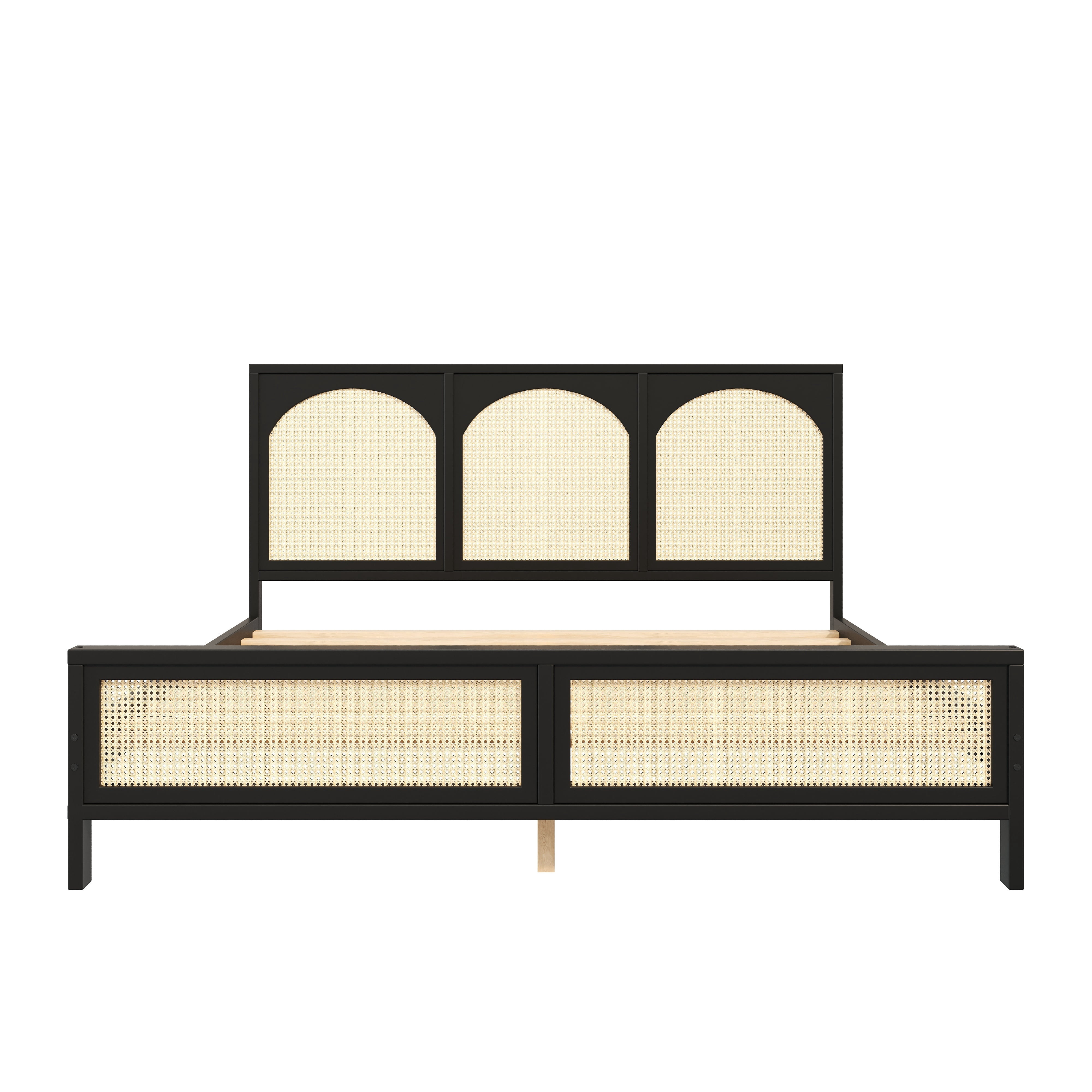Euroco Queen Size Platform Bed with Rattan Headboard, Black